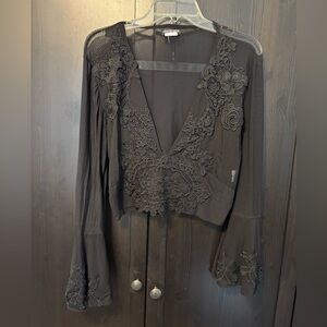 Fashion Nova mesh embroidered top with bell sleeves